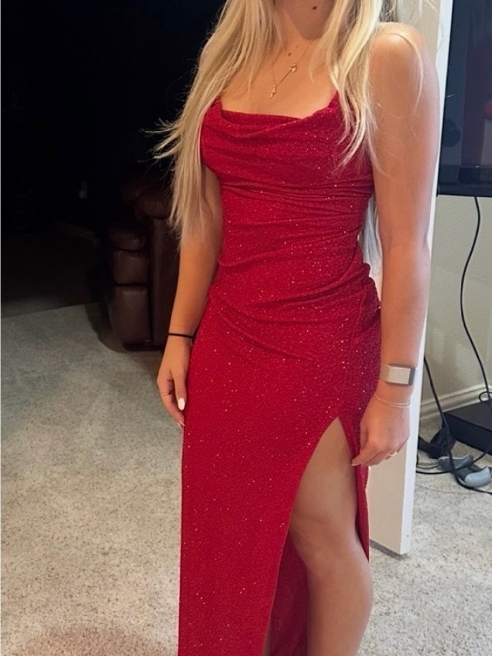 Windsor Red Sparkle Cowl-Neck High-Slit Prom Dress